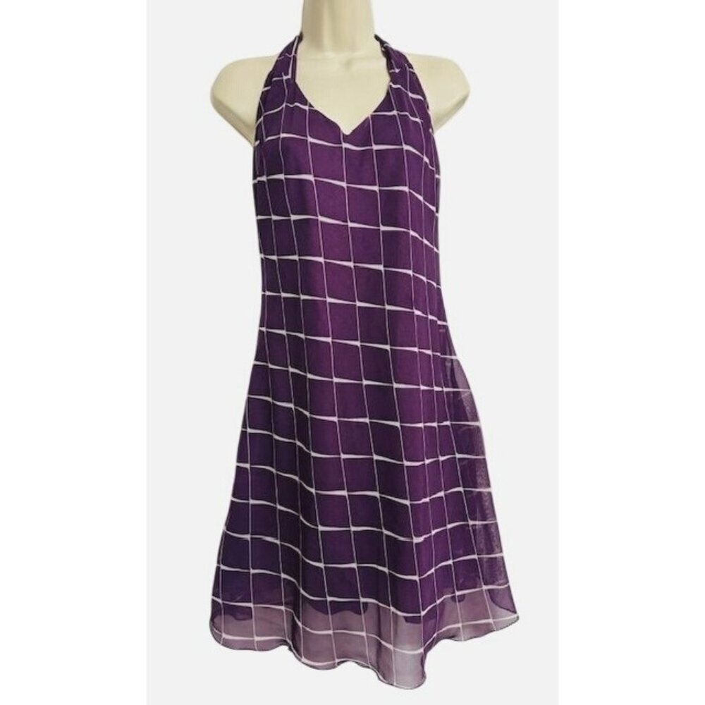 RAG Y2K Purple Geometry Squares Festive Baby Doll Halter Coquette Short Dress L